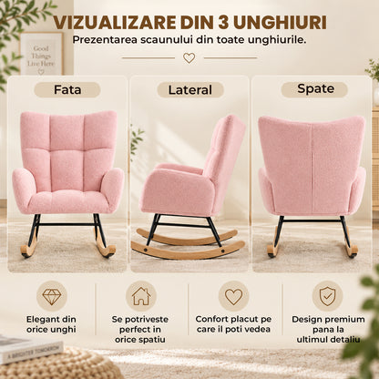 Fotoliu Balansoar Elindor® cu Spatar, Ergonomic, Cadru Solid din Otel, Ideal pentru Living, Dormitor, Camera Copilului, 68 x 88 x 93 cm, Roz