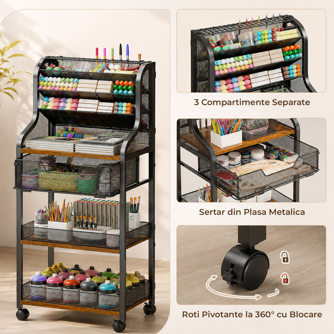 Carucior Organizator 7 Niveluri Elindor® , cu Roti 360°, Organizator Bucatarie, Multifunctional, Raft Mobil Organizare Atelier, Baie, Camara, Birou, Bar, 43.1 x 33.4 x 19.2 cm, Negru / Maro