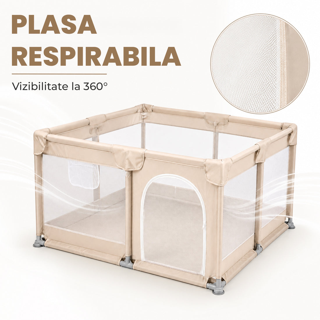 Tarc de Joaca pentru Bebelusi si Copii Elindor® cu Husa Groasa din Spuma, Spatiul Sigur de Joaca, Plasa de Protectie, Include Usa cu Fermoar, Materiale Eco-Friendly și Non-Toxice, Varsta 0-5 ani, 200 x 200 x 65 cm, Bej