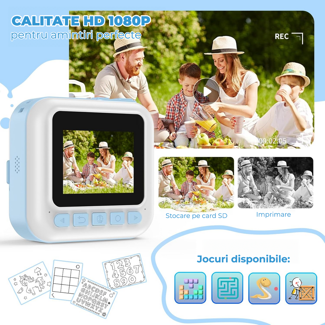 Camera Foto Instant Pentru Copii Elindor®, Ecran 2.4 Inch, 1080P, 16X Zoom, Printare Fara Cerneala, 3 Role Hartie Incluse, 32GB SD, Albastru