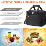 Geanta Termo-izolanta Elindor®, Geanta pentru Pranz, 9L, Material Oxford Impermeabil, Compartiment Spatios, Ideala pentru Mancare la Scoala, Loc de Munca 25.5 × 17 × 20.5 cm, Negru