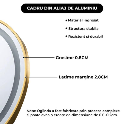 Oglinda de Perete Elindor® Rotunda, Antiaburire, cu Rama Aurie, Ideala pentru Baie, Iluminare Led, 3 Culori Lumina, Dimabila, Buton ON/OFF Luminat si Noaptea, Rezistenta la Umiditate IP44, 60 x 60 cm