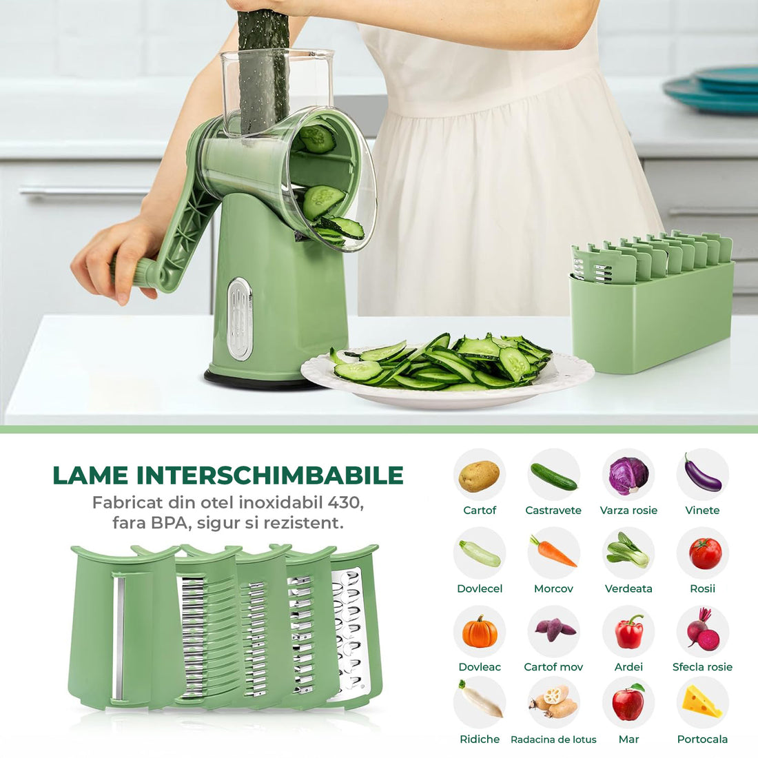 Razatoare Rotativa 5 in 1 Elindor® cu Maner, Lame din Otel Inoxidabil, Tocator Legume, Razatoare Branza, Nuci, Morcovi, Varza, Ustensila de Bucatarie, Design Compact, Multifunctional, Verde