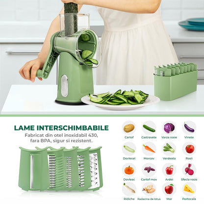 Razatoare Rotativa 5 in 1 Elindor® cu Maner, Lame din Otel Inoxidabil, Tocator Legume, Razatoare Branza, Nuci, Morcovi, Varza, Ustensila de Bucatarie, Design Compact, Multifunctional, Verde