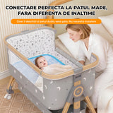 Patut Pliabil Bebelusi Elindo® 3 in 1, Copii 0-6 luni, Leagan Bebe pe 6 Nivele de Inaltime, Cos Depozitare, Portabil, Plasa Laterala, Roti cu Sistem Blocare, Saltea Integrata, Greutate Maxima 9-12 kg, Model cu Stele, Gri