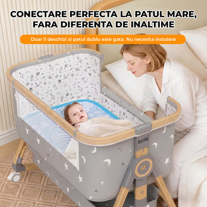 Patut Pliabil Bebelusi Elindo® 3 in 1, Copii 0-6 luni, Leagan Bebe pe 6 Nivele de Inaltime, Cos Depozitare, Portabil, Plasa Laterala, Roti cu Sistem Blocare, Saltea Integrata, Greutate Maxima 9-12 kg, Model cu Stele, Gri