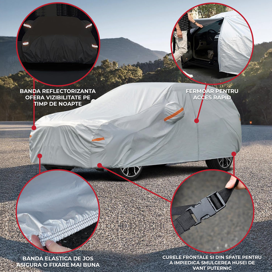 Prelata Auto Premium Elindor® Impermeabila, Protectie UV, Antisoare, Praf, Ploaie si Zapada, Toate Anotimpurile, Husa Exterior, Huse Protectie Completa, Universala, Accesorii Masina, Marime Break L, 470 × 198 × 144 cm, Gri