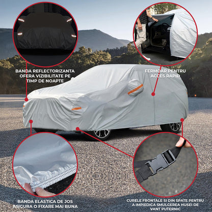 Prelata Auto Premium Elindor® Impermeabila, Protectie UV, Antisoare, Praf, Ploaie si Zapada, Toate Anotimpurile, Husa Exterior, Huse Protectie Completa, Universala, Accesorii Masina, Marime Break L, 470 × 198 × 144 cm, Gri