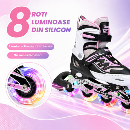 Role Reglabile Elindor® pentru Copii si Adulti, 4 Roti Luminoase din Silicon in Linie, Rulmenti ABEC-7, Frana Spate, Aluminiu / Poliuretan, Patine cu Rotile pentru Fete, Baieti, Dama, PM01 Marimea S, 28-31, Alb / Roz