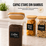 Set 3 Borcane din Sticla Elindor® cu Capac Ermetic din Bambus, Borcan 1500 ml, Marker si Etichete Incluse, Ideal pentru Condimente, Fructe Uscate, Cafea, Zahar, Recipient Depozitare in Bucatarie, 20 × 10 cm, Transparent