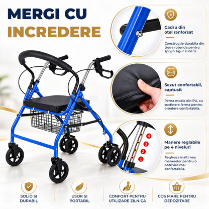 Cadru de Mers Elindor®, Pliabil, cu 4 Roti, Sezut Captusit, Spatar, Frane de Mana cu Blocare, Manere Reglabile pe 4 Niveluri, Cos Depozitare, pentru Persoanele cu Dificultati Locomotorii sau in Etate, Sarcina 120 kg, Albastru