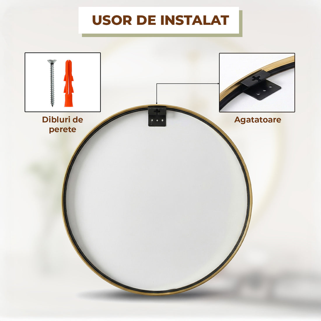 Oglinda Rotunda Aurie Elindor® Decorativa, Moderna si Eleganta, Reflexie HD, Sticla fara Distorsiuni, Ideala pentru Dormitor, Living, Birou, Dressing, Hol, Rama Metalica, Diametru 90 cm