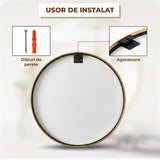 Oglinda Rotunda Aurie Elindor® Decorativa, Moderna si Eleganta, Reflexie HD, Sticla fara Distorsiuni, Ideala pentru Dormitor, Living, Birou, Dressing, Hol, Rama Metalica, Diametru 90 cm