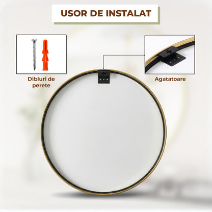 Oglinda Rotunda Aurie Elindor® Decorativa, Moderna si Eleganta, Reflexie HD, Sticla fara Distorsiuni, Ideala pentru Dormitor, Living, Birou, Dressing, Hol, Rama Metalica, Diametru 90 cm