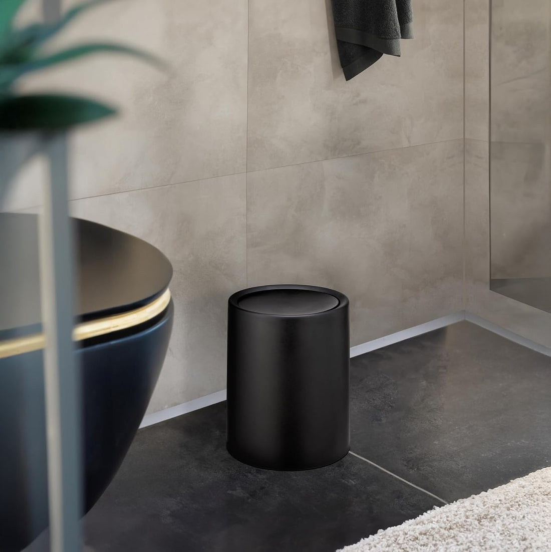 Cos de Gunoi Cosmetic Elindor® cu Capac Tip Swing si Recipient Interior, Capacitate 6L, Galeata Detasabila, Multifunctional, Ideal in Bucatarie, Baie, Birou, Camara, Living, Dormitor, Potrivit pentru Colectare Selectiva, 25.5 × 21 cm, Negru