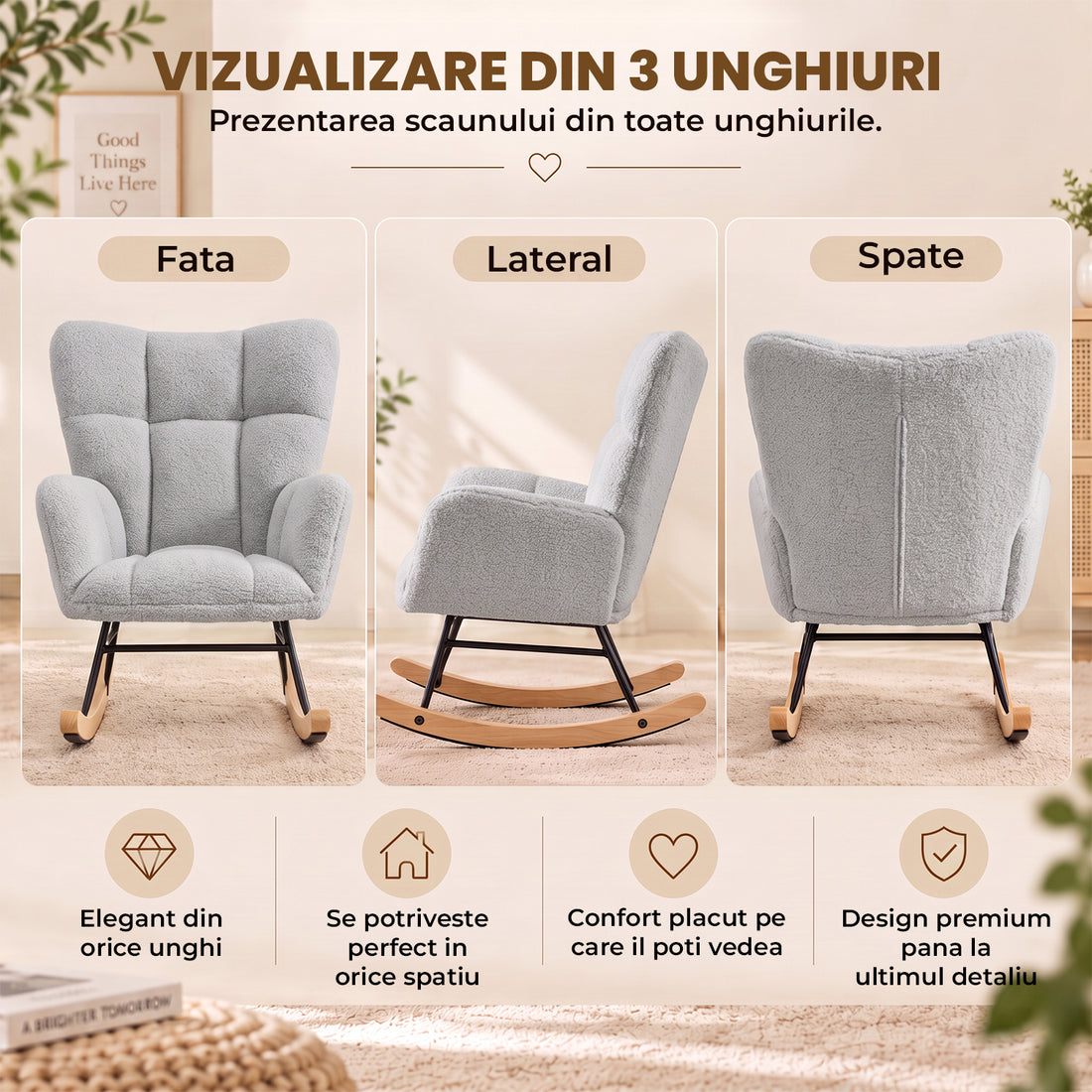 Fotoliu Balansoar Elindor® cu Spatar, Ergonomic, Cadru Solid din Otel, Ideal pentru Living, Dormitor, Camera Copilului, 68 x 88 x 93 cm, Gri Albastrui Deschis