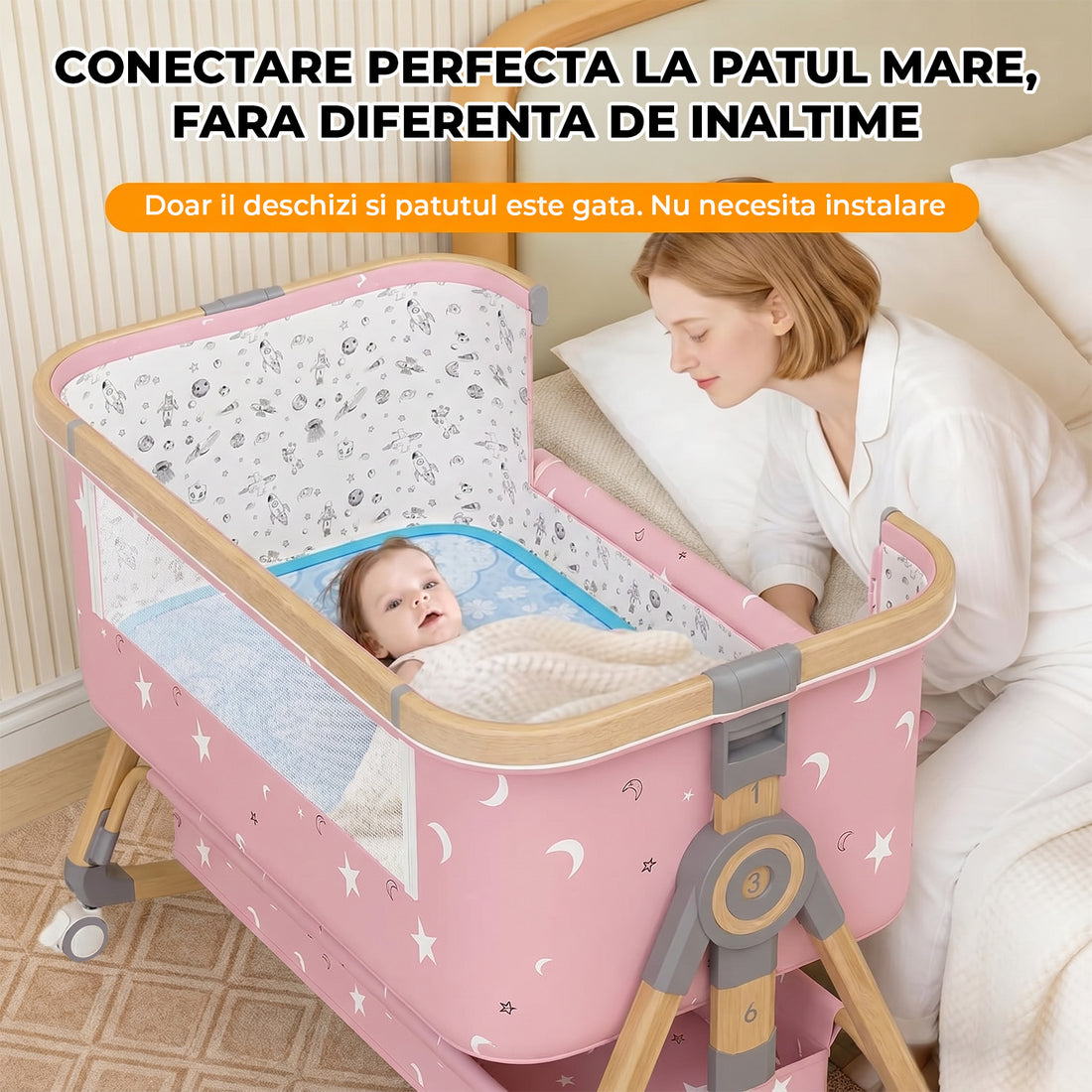 Patut Pliabil Bebelusi Elindo® 3 in 1, Copii 0-6 luni, Leagan Bebe pe 6 Nivele de Inaltime, Cos Depozitare, Portabil, Plasa Laterala, Roti cu Sistem Blocare, Saltea Integrata, Greutate Maxima 9-12 kg, Model cu Stele, Roz