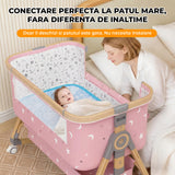 Patut Pliabil Bebelusi Elindo® 3 in 1, Copii 0-6 luni, Leagan Bebe pe 6 Nivele de Inaltime, Cos Depozitare, Portabil, Plasa Laterala, Roti cu Sistem Blocare, Saltea Integrata, Greutate Maxima 9-12 kg, Model cu Stele, Roz