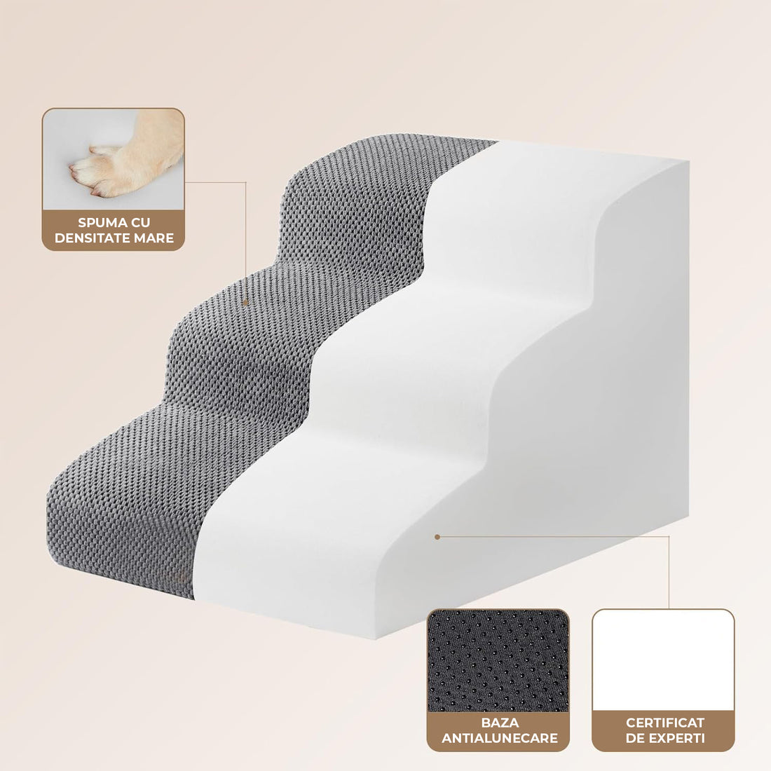 Scari Animale Elindor®, 3 Trepte pentru Caini si Pisici cu Spatiu Depozitare, Trepte Antiderapante pentru Pat sau Canapea, Structura din Placa de Inalta Densitate si Material Textil, pentru Dormitor, Living, 40 × 57 × 35 cm, Gri