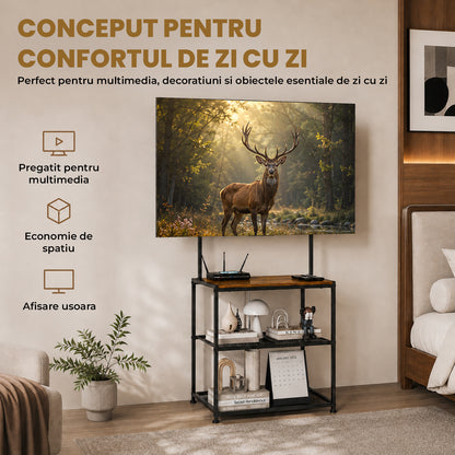 Suport TV Premium Elindor®, Stand cu Montaj pentru Televizoare 23-50 inch, Raft 3 Polite de Depozitare, Latime si Picioare Reglabile, din Cadru Metalic si Lemn, pentru Living si Dormitor, 43.2 x 33.4 x 17.7 cm, Maro Rustic
