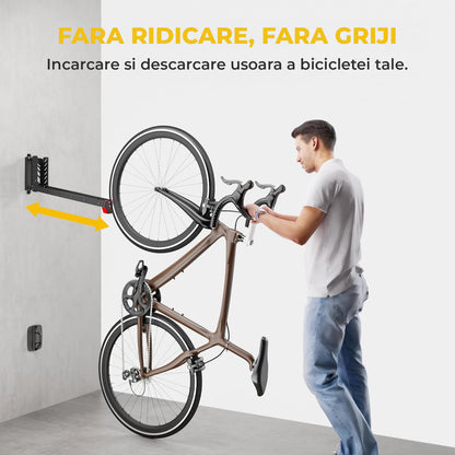 Suport Bicicleta de Perete Elindor®, Suport Vertical pentru Depozitare Bicicleta cu Rotire 120°, Baza Metalica din Otel Carbon, Reglaj 3 Trepte, Suporta pana la 35 kg, 43.8 × 11.8 × 30.7 cm, Negru