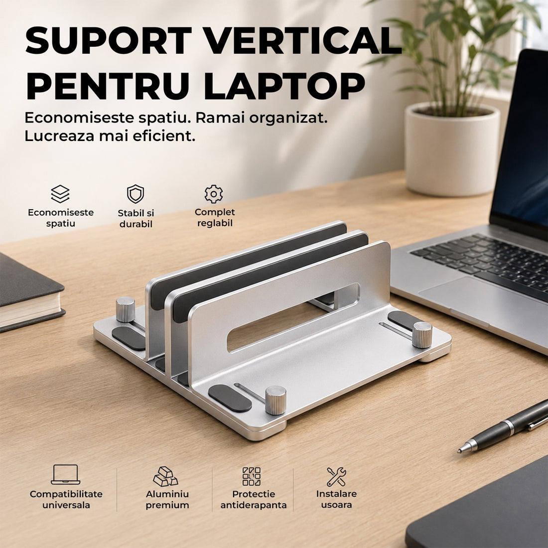 Suport Vertical Elindor® pentru Laptop, Tableta, Notebook si Carti, cu 3 Sloturi, Reglabil, Stand Universal, Compatibil Pana la 17.3 Inch, Ideal pentru Birou, Acasa, 14.5 x 14.2 x 4.6 cm, Argintiu