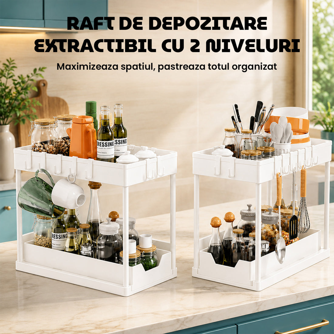 Organizator Multifunctional Elindor® pe 2 Niveluri, Sertar Glisant Organizare, pe Blat sau in Dulap sub Chiuveta, 16 Carlige, pentru Bucatarie, Baie, Camara, Bar, Raft cu Sertare Depozitare Legume, Detergenti, Parfumuri, 39.5x21.6x39 cm, Alb