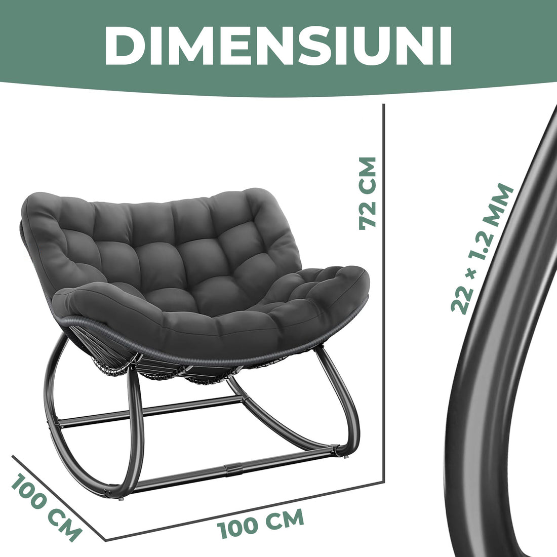 Fotoliu Balansoar Elindor® cu Spatar, Ergonomic, Cadru Solid din Otel, Suporta 120 kg, Ideal pentru Living, Dormitor, Exterior, Terasa, Negru
