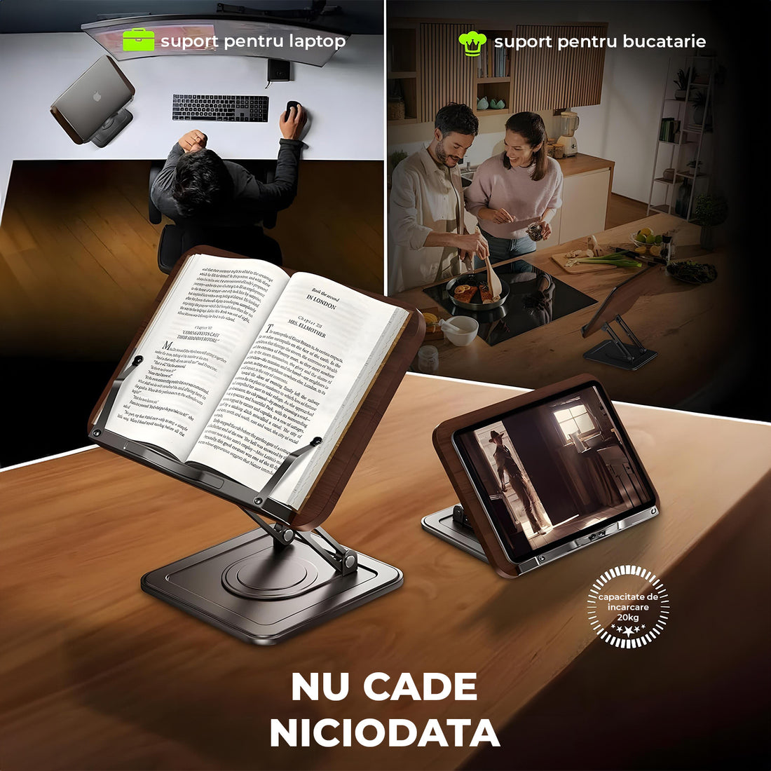 Suport de Carte Elindor® pentru Lectura, Accesoriu Carti Versatil, Reglabil si Pliabil, cu Baza Rotativa 360° si Cleme Elastice, pentru Carte de Bucate, Manuale, Retete, Partituri, 34 x 23 cm, Negru / Maro
