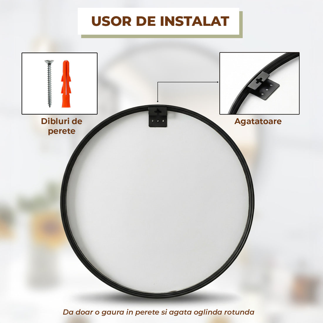 Oglinda Rotunda Neagra Elindor® Decorativa, Moderna si Eleganta, Reflexie HD, Sticla fara Distorsiuni, Ideala pentru Dormitor, Living, Birou, Dressing, Hol, Rama Metalica, Diametru 105 cm