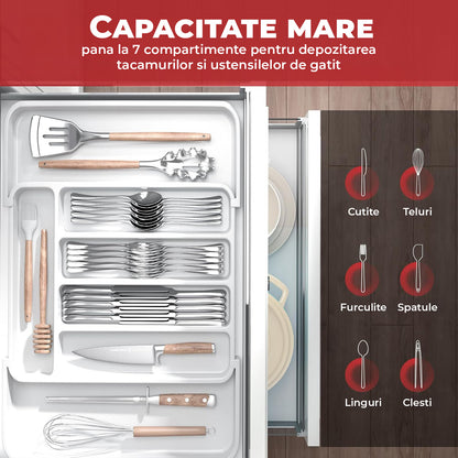 Organizator Elindor® pentru Tacamuri si Ustensile de Bucatarie, 5-7 Compartimente, Sertar Extensibil, Suport Ajustabil pentru Cutite, Linguri, Furculite, Accesorii Bucatarie, Separator Sertar, 32 × 22 × 4 cm, Alb