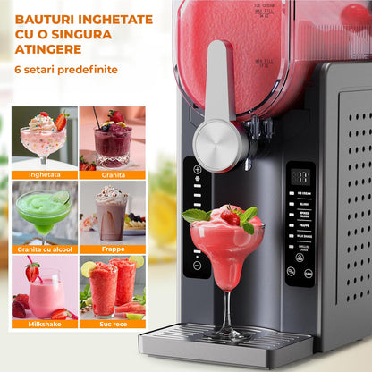 Masina Slushie Elindor® fara Gheata, 6 Programe Automate, Ecran LED, Auto Curatare, Capacitate 2 L, Otel Inoxidabil 304 + ABS, Racire Rapida 15-60 Min, Bauturi Inghetate, Smoothie, Frappe, Milkshake, 44.5 × 44 × 21 cm, Negru