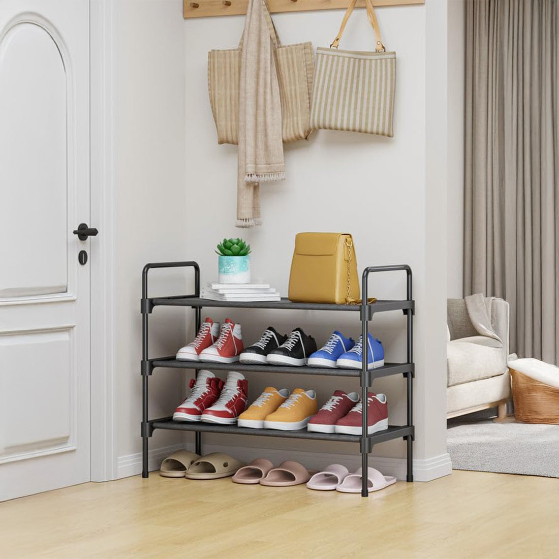 Organizator pentru Pantofi Elindor® Pantofar cu 3 Nivele Mari, Fara Gauri, Suport Metalic pentru Papuci, Dulap Hol, Dormitor, Economisire Spatiu, Depozitare Incaltaminte, 70 × 30 × 57 cm, Negru