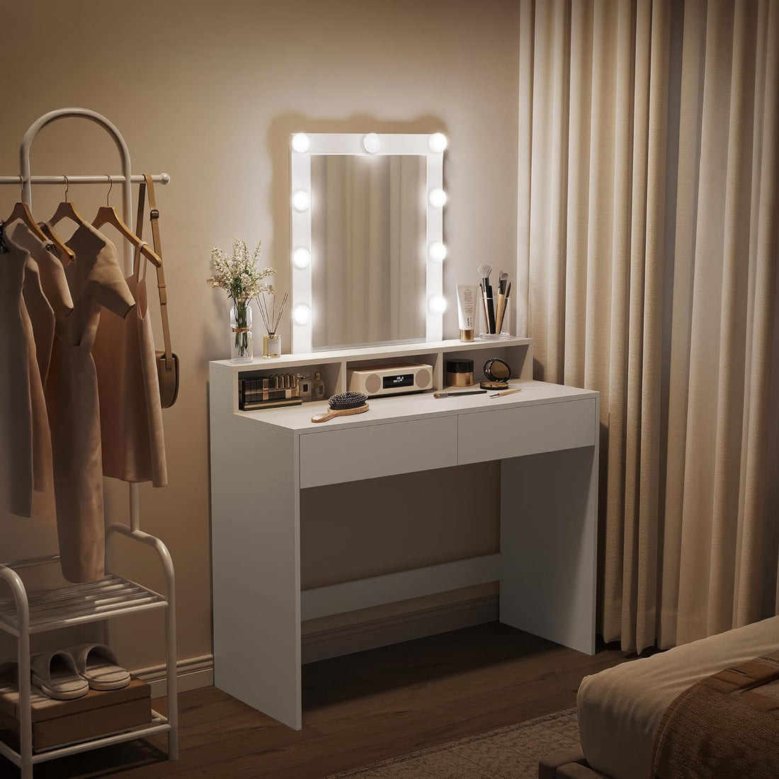 Masa de Machiaj Elindor®, cu Oglinda si Iluminare LED Reglabila, Spatiu Generos de Depozitare, 2 Sertare si 3 Compartimente, Fixare Anti-Rasturnare 40 × 100 × 145 cm, Alb