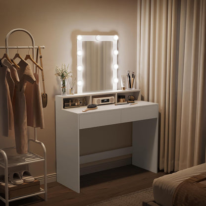 Masa de Machiaj Elindor®, cu Oglinda si Iluminare LED Reglabila, Spatiu Generos de Depozitare, 2 Sertare si 3 Compartimente, Fixare Anti-Rasturnare 40 × 100 × 145 cm, Alb