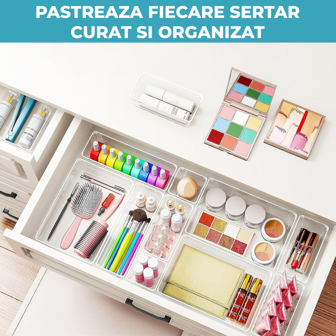 Set 15 Cutii Depozitare Elindor® Organizator pentru Bucatarie si Baie, 4 Marimi, Organizatoare Dulap si Sertare, Cutie pentru Sertar, Frigider, Camara, Baie, Bar, Birou, Cos Multifunctional, Separator Fructe, Legume, Creme, Parfumuri, PP
