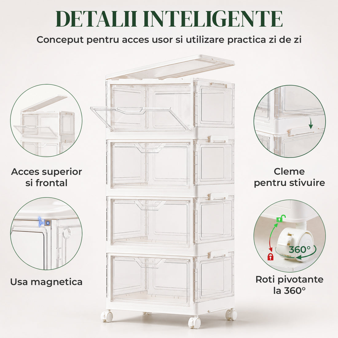 Organizator 4 Nivele Elindor® Carucior cu Roti, Modular, Ajustabil, Raft Mobil Organizare Baie, Camara, Birou, Bar, Dulap pentru Depozitare Legume, Fructe, Detergenti, Parfumuri, Haine, 4x Cutie Detasabila, 38 x 27 x 84 cm, Transparent