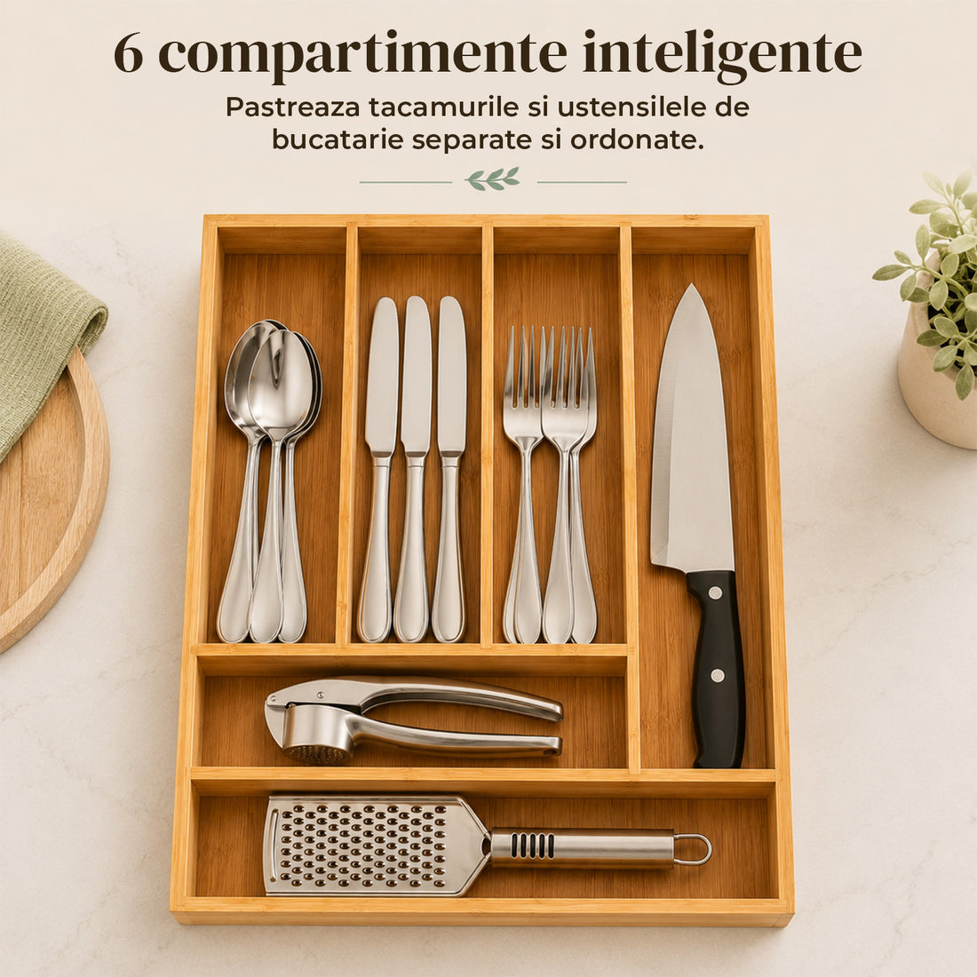 Organizator Fix Elindor® din Bambus, pentru Depozitare Tacamuri si Ustensile de Bucatarie, Furculite, Linguri, Cutite, Suport 6 Compartimente, Separator Sertare Spatios, Accesorii Organizare, Sertar 43 x 30.5 x 5 cm, Bej
