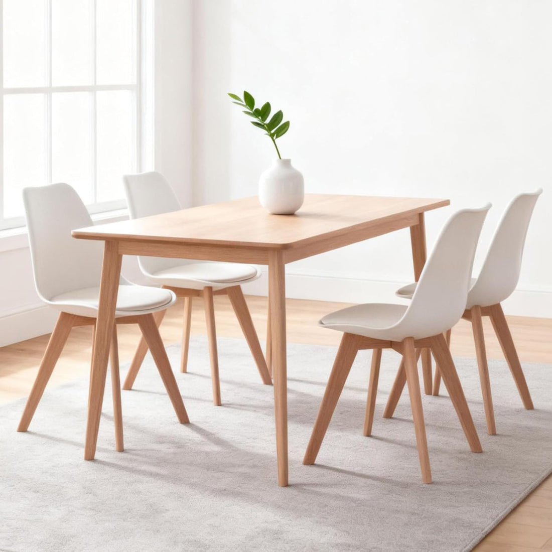 Set 4 Scaune Bucatarie Albe Elindor® din Piele Ecologica, Picioare din Lemn, Scaun Confortabil, Perna Sezut, Elegant, pentru Bucatarie, Dormitor, Living, 50 x 45 x 81 cm