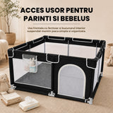 Tarc de Joaca pentru Bebelusi si Copii Elindor® Spatiul Sigur de Joaca, Plasa de Protectie, Include Usa cu Fermoar, Materiale Eco-Friendly și Non-Toxice, Varsta 0-5 ani, 200 x 150 x 65 cm, Negru