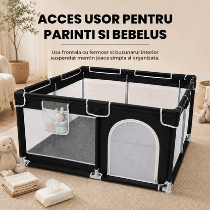 Tarc de Joaca pentru Bebelusi si Copii Elindor® Spatiul Sigur de Joaca, Plasa de Protectie, Include Usa cu Fermoar, Materiale Eco-Friendly și Non-Toxice, Varsta 0-5 ani, 200 x 150 x 65 cm, Negru