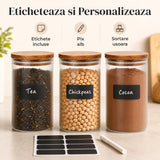 Set 3 Borcane din Sticla Elindor® cu Capac Ermetic din Bambus, Borcan 1200 ml, Marker si Etichete Incluse, Ideal pentru Condimente, Fructe Uscate, Cafea, Zahar, Recipient Depozitare in Bucatarie, 18.5 × 10 cm, Transparent