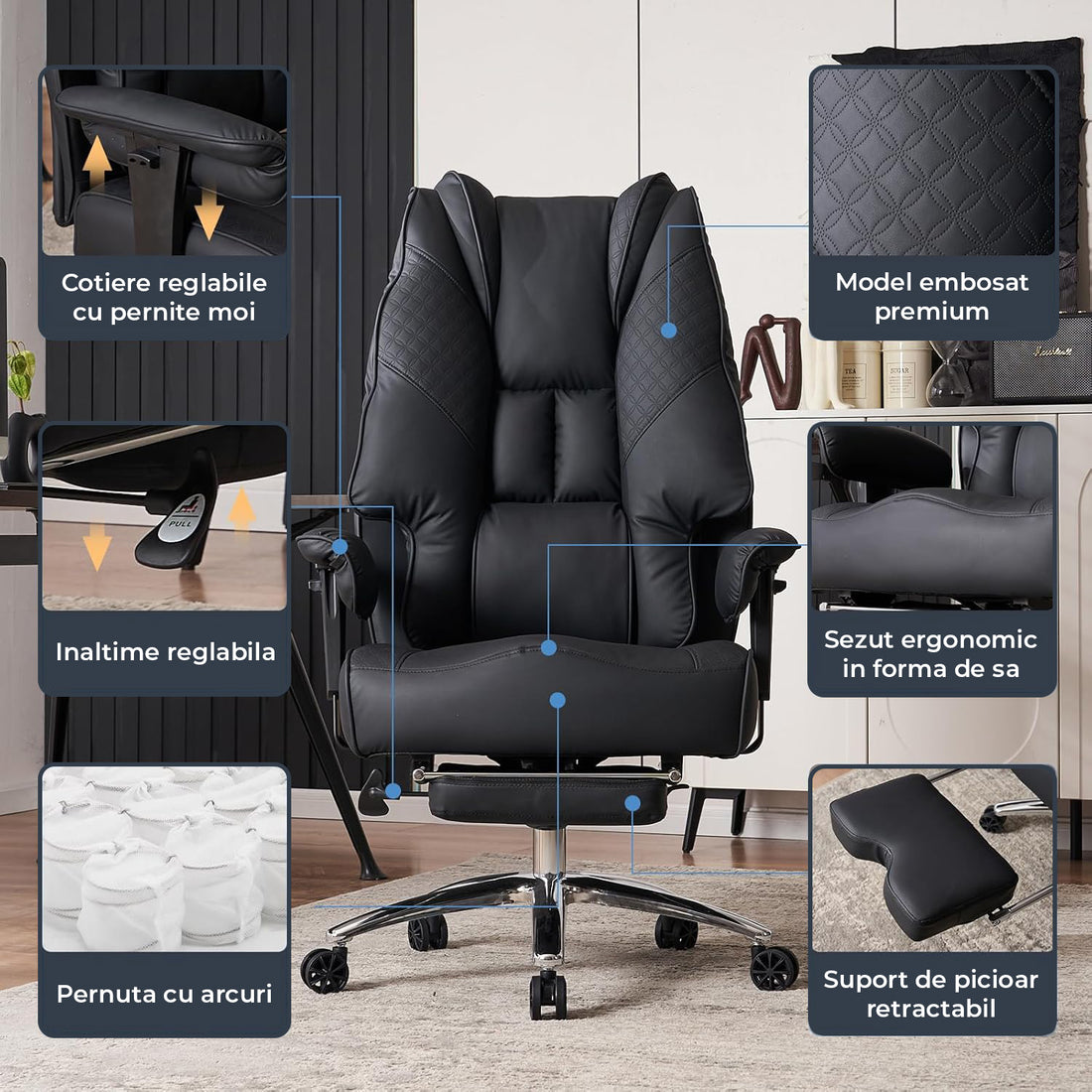 Scaun de Birou Elindor® Ergonomic, Design Contemporan, Scaun cu Spatar si Manere, din Piele PU cu Suport pentru Picioare si Roti, Latime Sezut 58 cm, Inaltime intre 48-56 cm, Negru