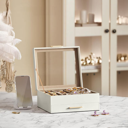 Cutie de Bijuterii Elindor® cu Capac, Organizator 2 Niveluri, 1x Sertar, Spatiu de Depozitare Inel, Verighete, Lantisoare, Bratari, Cercei, Caseta din Material Catifelat, Design Rafinat, Simplu si Elegant, Piele Ecologica, 22.3 x 23.1 x 10.4 cm, Alb/Auriu