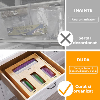 Organizator Depozitare Pungi Alimentare Elindor® 4 Compartimente, Organizatoare pentru Sertar, Dulap, Cutie Organizare, Cos Multifunctional, Separator Potrivit pentru Bucatarie, Camara, 31.7 x 30.5 x 7.6 cm, Bej