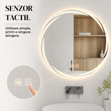 Oglinda de Perete Elindor® Rotunda, fara Rama, Antiaburire, Ideala in Baie, Iluminare Led, Buton ON/OFF Luminat, Rezistenta la Umiditate IP44, Model Halo, 60 x 60 cm, Transparent