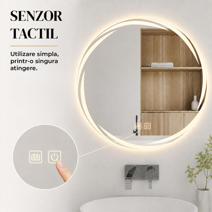 Oglinda de Perete Elindor® Rotunda, fara Rama, Antiaburire, Ideala in Baie, Iluminare Led, Buton ON/OFF Luminat, Rezistenta la Umiditate IP44, Model Halo, 60 x 60 cm, Transparent
