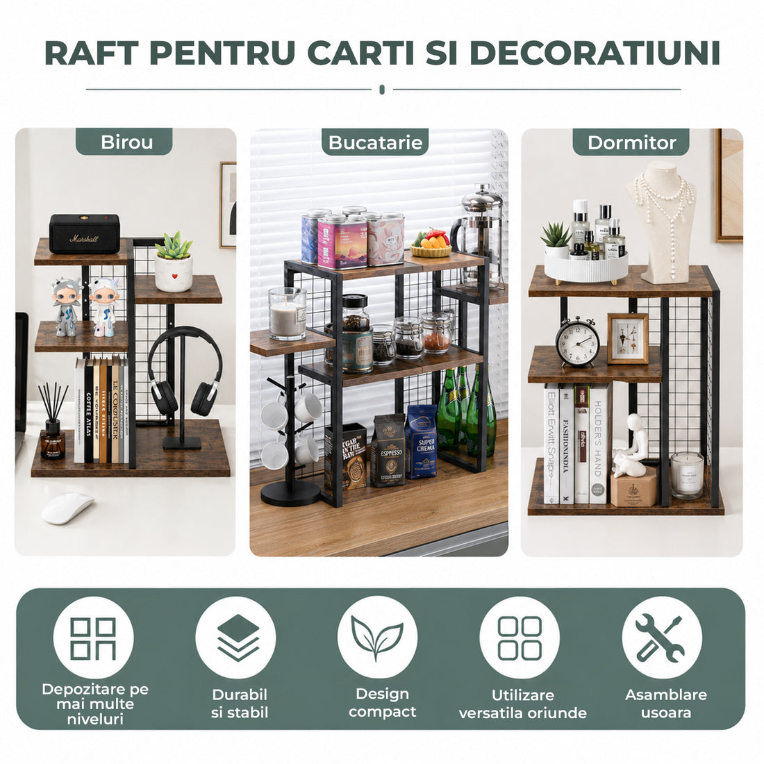 Raft Elindor® pe 3 Nivele, Rafturi Suprapus pentru Bucatarie, Organizator Ideal ca Etajera Depozitare in Camara sau Birou, Perfect pentru Condimente, Vesela, Farfurii, Stabil si Compact, Polita pentru Obiecte, 40 × 19.2 × 40 cm, Maro Rustic