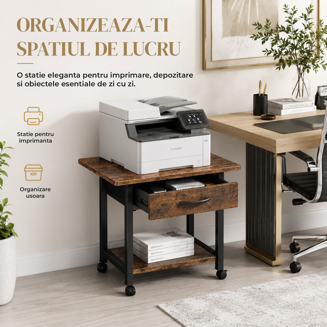 Carucior Organizator 2 Niveluri Elindor® , cu Roti 360°, cu Sertar, Organizator Bucatarie, Raft Mobil Organizare Baie, Camara, Birou, Bar, 55.9 x 38.1 x 40.6 cm, Negru / Maro