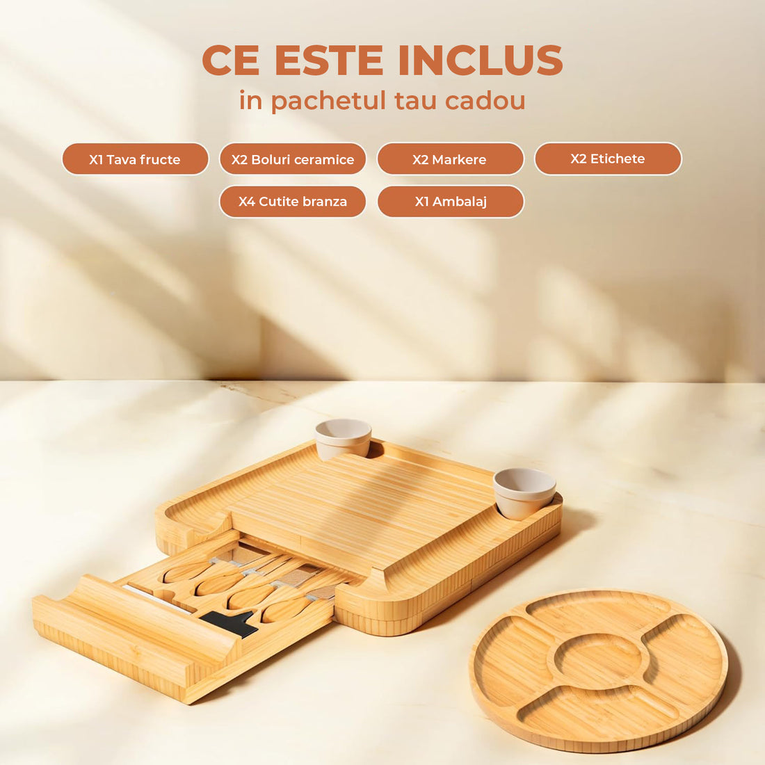 Platou pentru Servire Branzeturi si Aperitive Elindor® din Bambus, Tava Rotunda, Cutite Branzeturi, Boluri Ceramice, Platou de Bucatarie, 36.2 × 36.2 × 45 cm, Bej